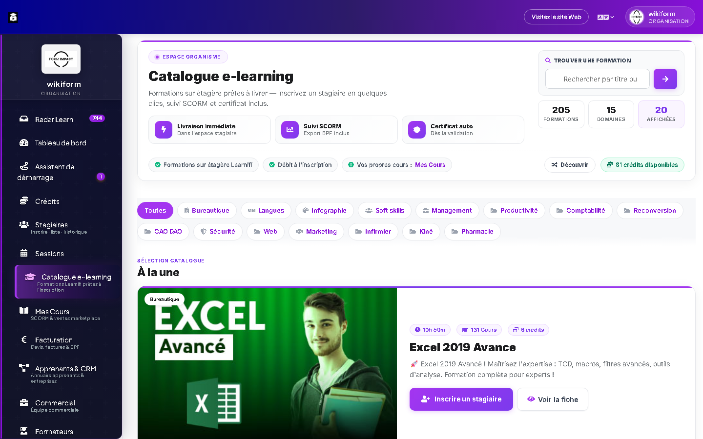 Aperçu Learnifi — cockpit organisme